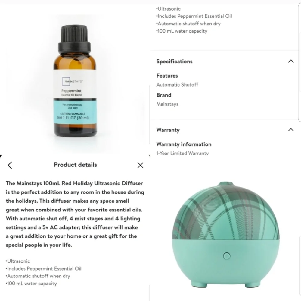 NEW! Mainstays Green and Black Ultrasonic Diffuser Set